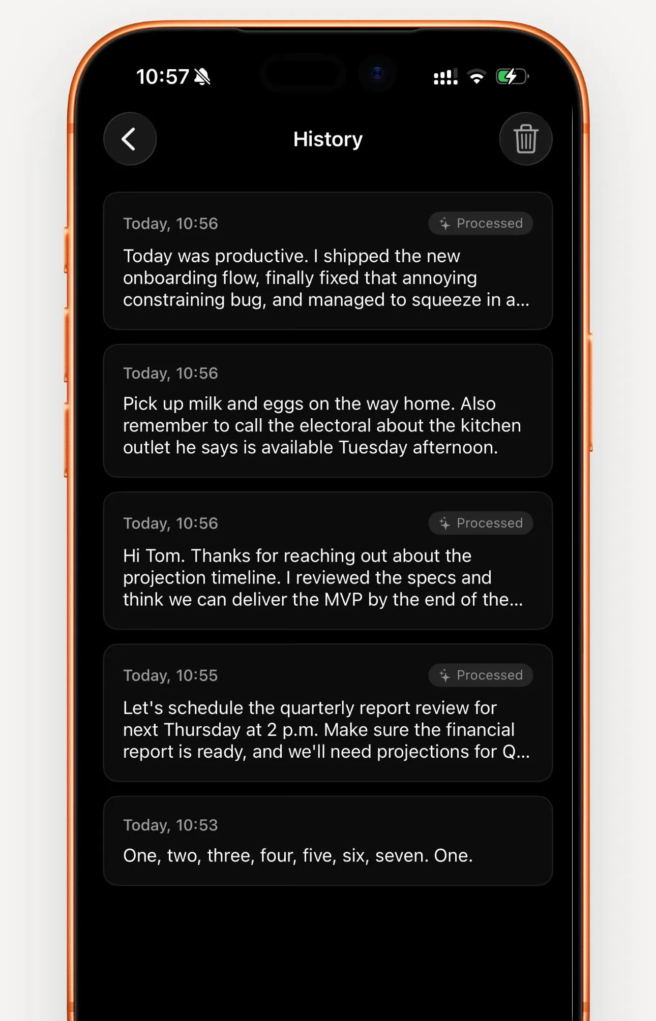 History screen listing transcripts of meetings, voice notes and reminders