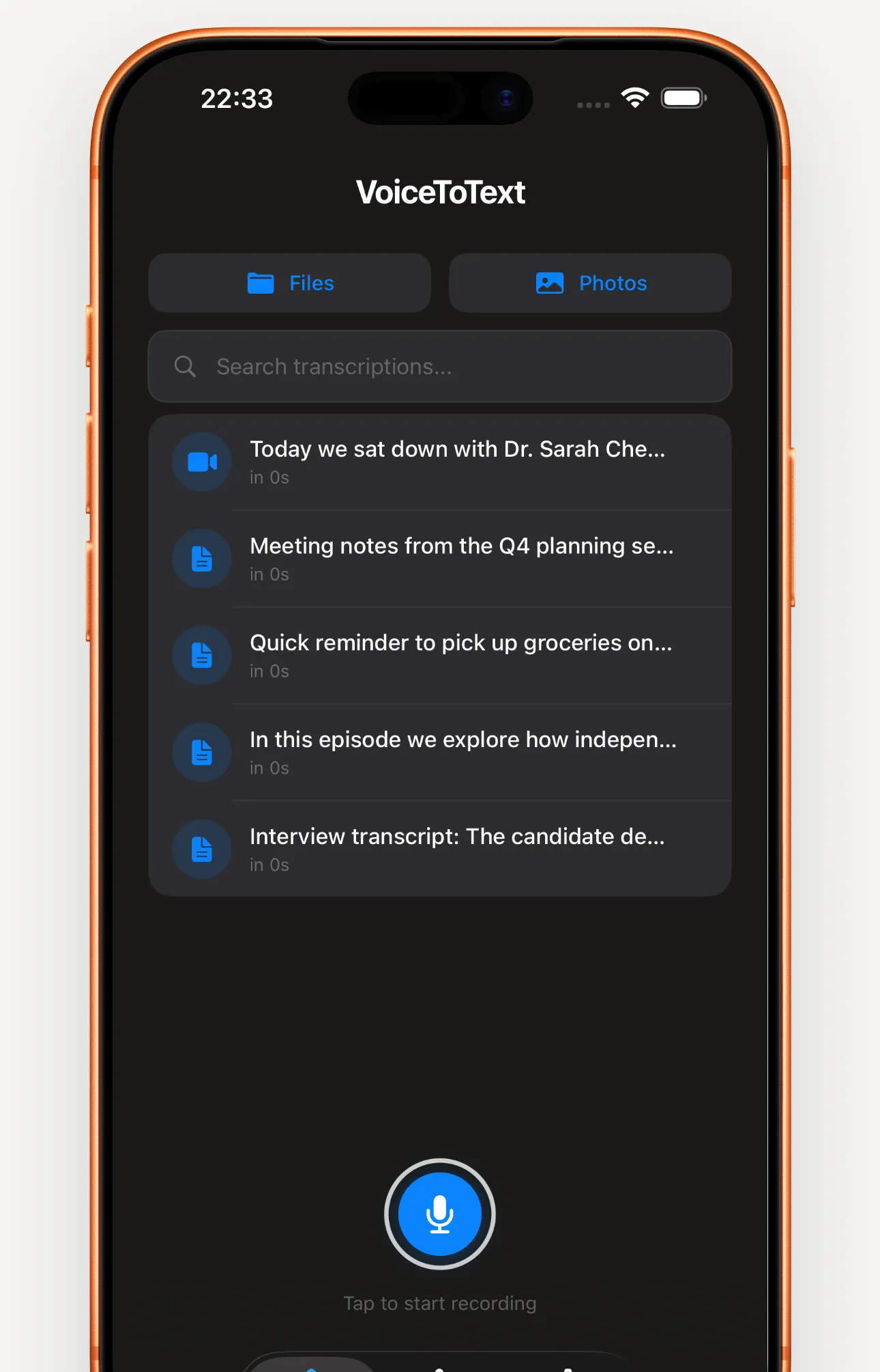 Wordkeep home screen with buttons for Files and Photos, a list of recent transcripts and a record button