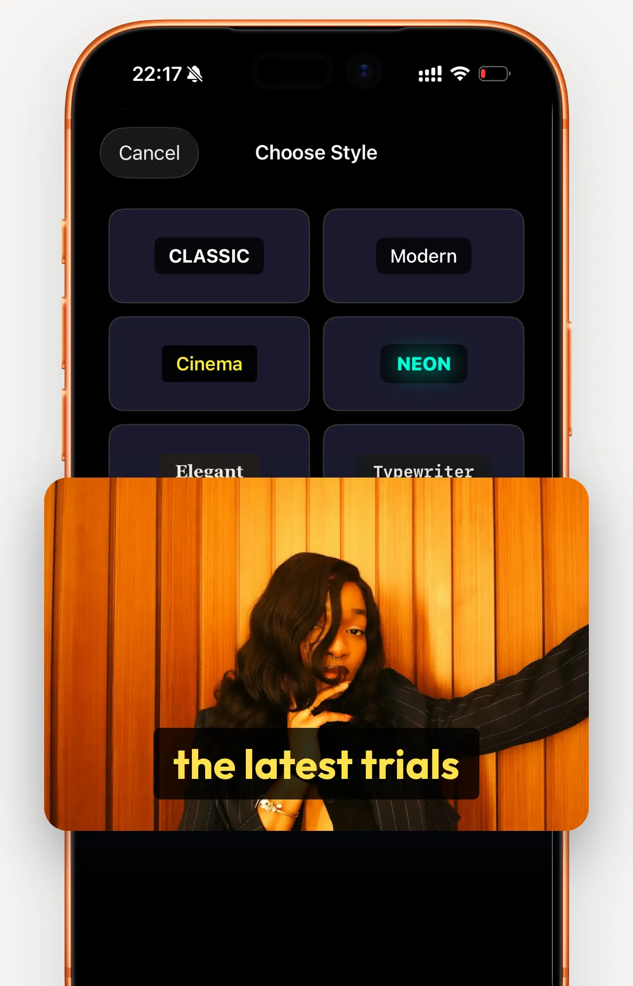 Subtitle style picker with Classic, Modern, Cinema and Neon styles over a video with burned-in captions